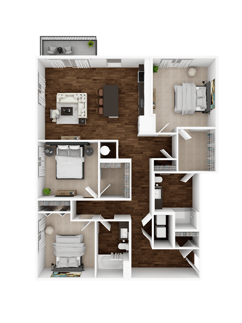 Floor plan for 3 beds, 2 baths, 1348 sqft